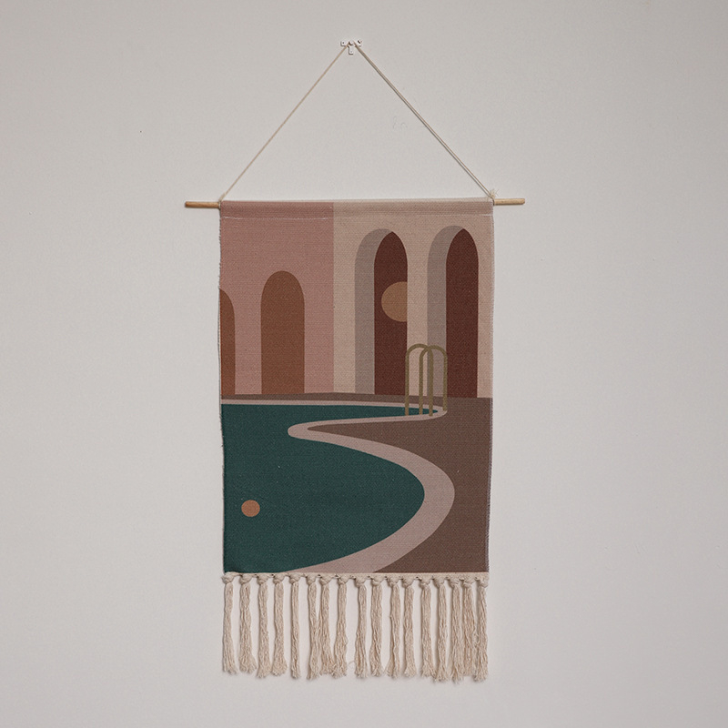 Μοντέρνο υφαντό τοίχου από λινό, χειροποίητο, γεωμετρικό αφηρημένο μοτίβο, ορθογώνιο σχήμα