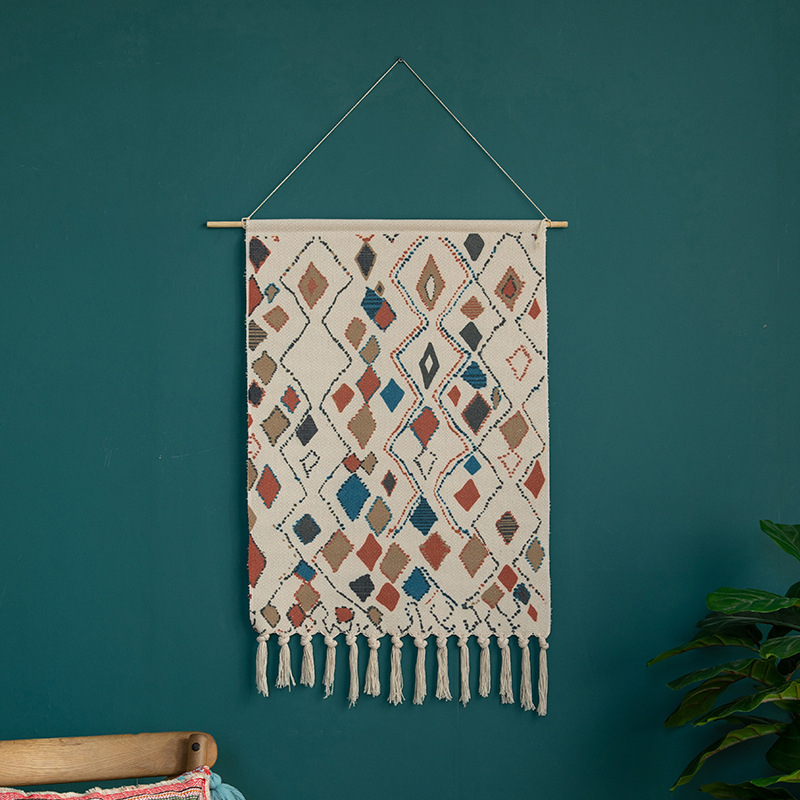 Μοντέρνο υφαντό τοίχου από λινό, χειροποίητο, γεωμετρικό αφηρημένο μοτίβο, ορθογώνιο σχήμα