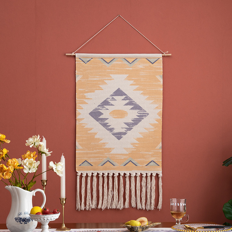 Μοντέρνο υφαντό τοίχου από λινό, χειροποίητο, γεωμετρικό αφηρημένο μοτίβο, ορθογώνιο σχήμα