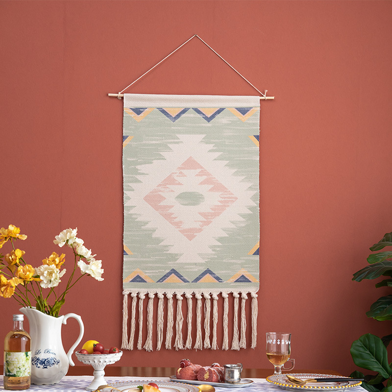 Μοντέρνο υφαντό τοίχου από λινό, χειροποίητο, γεωμετρικό αφηρημένο μοτίβο, ορθογώνιο σχήμα