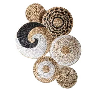 Μποέμ τοίχου κρεμαστό σετ με καλάθια από άχυρο – χειροποίητο πλέξιμο, κυκλικό σχήμα, κυκλικό μοτίβο, σκανδιναβικό στυλ