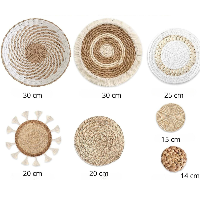 Μποέμ τοίχου κρεμαστό σετ με καλάθια από άχυρο – χειροποίητο πλέξιμο, κυκλικό σχήμα, κυκλικό μοτίβο, σκανδιναβικό στυλ