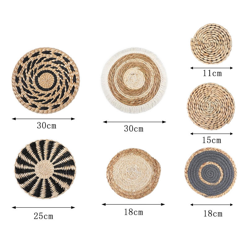 Μποέμ τοίχου κρεμαστό σετ με καλάθια από άχυρο – χειροποίητο πλέξιμο, κυκλικό σχήμα, κυκλικό μοτίβο, σκανδιναβικό στυλ