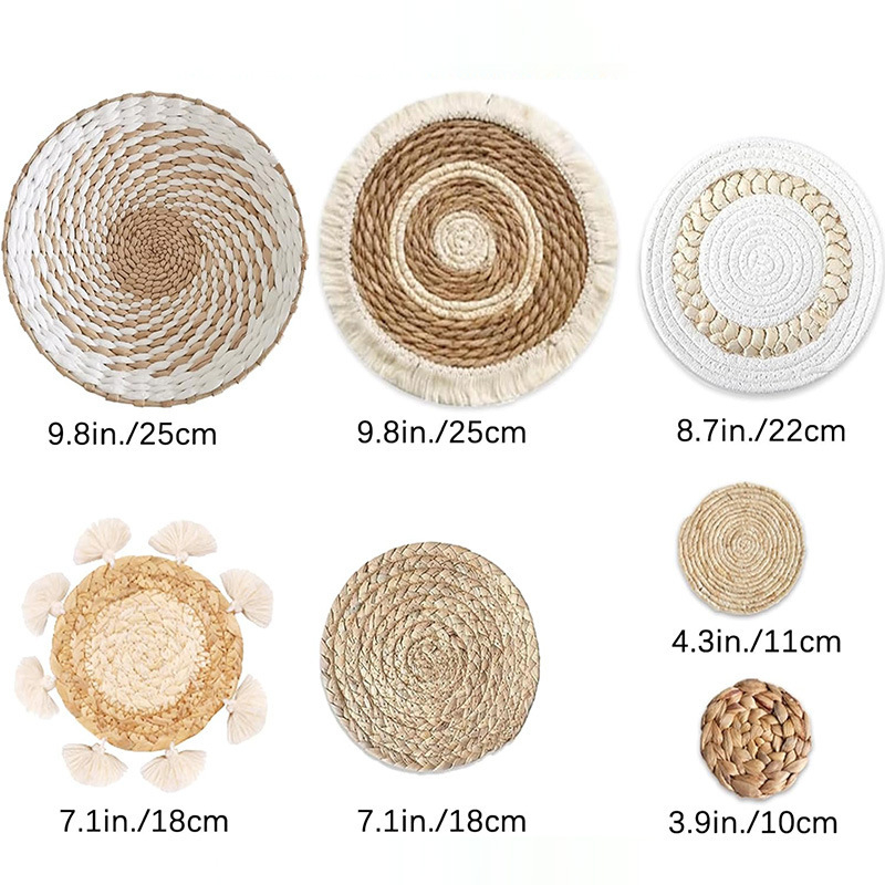 Μποέμ τοίχου κρεμαστό σετ με καλάθια από άχυρο – χειροποίητο πλέξιμο, κυκλικό σχήμα, κυκλικό μοτίβο, σκανδιναβικό στυλ