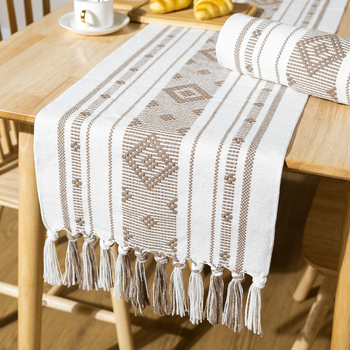 Пътека за маса с пискюли, полиестер-памучна смес, полосат/каре модел, тежък и удебелен плат