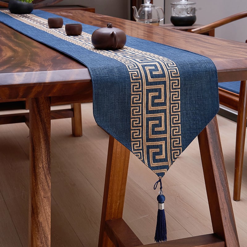 Пътека за маса от лен, мрежест модел, новокитайски стил с дзен вдъхновение, персонализируема