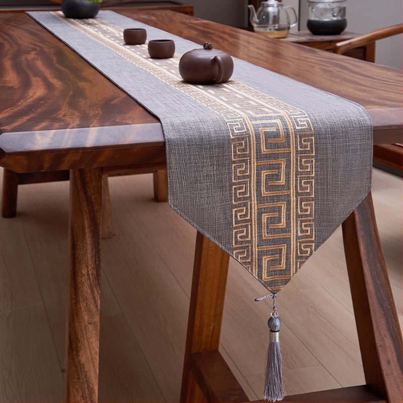 Пътека за маса от лен, мрежест модел, новокитайски стил с дзен вдъхновение, персонализируема