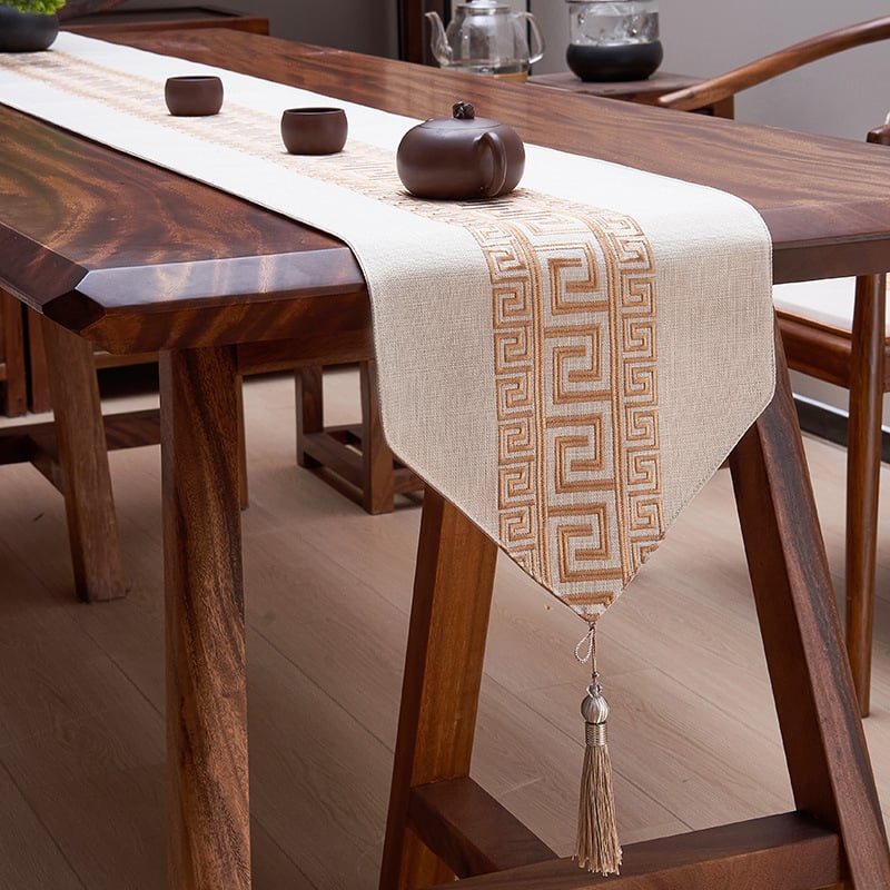 Пътека за маса от лен, мрежест модел, новокитайски стил с дзен вдъхновение, персонализируема