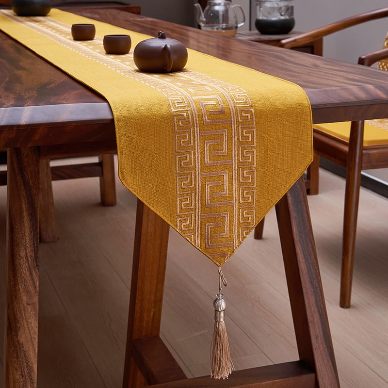 Пътека за маса от лен, мрежест модел, новокитайски стил с дзен вдъхновение, персонализируема