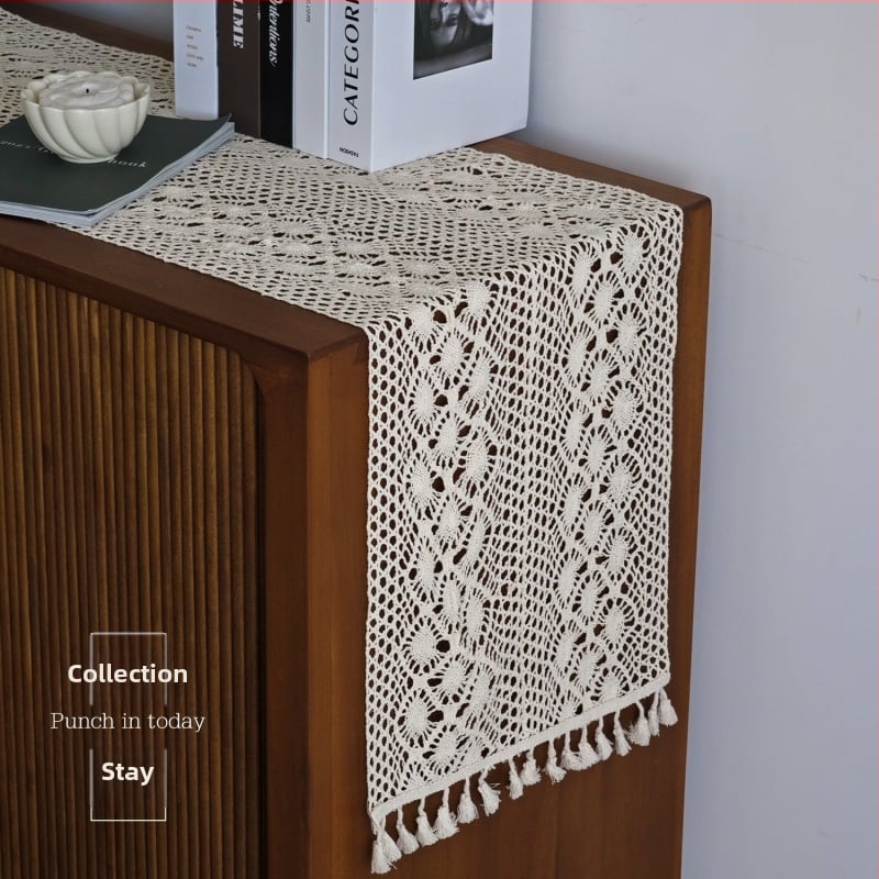 Дълга декоративна покривка за маса в американски стил с ажурна дантела от полиестерно‑памучен бленд, геометричен абстрактен модел