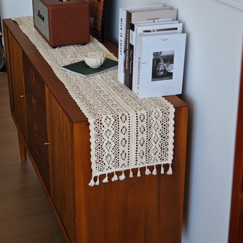 Дълга декоративна покривка за маса в американски стил с ажурна дантела от полиестерно‑памучен бленд, геометричен абстрактен модел