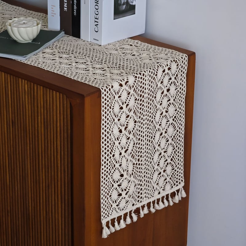 Дълга декоративна покривка за маса в американски стил с ажурна дантела от полиестерно‑памучен бленд, геометричен абстрактен модел