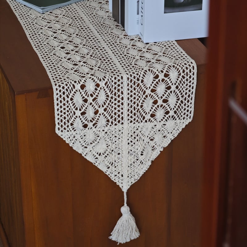 Дълга декоративна покривка за маса в американски стил с ажурна дантела от полиестерно‑памучен бленд, геометричен абстрактен модел