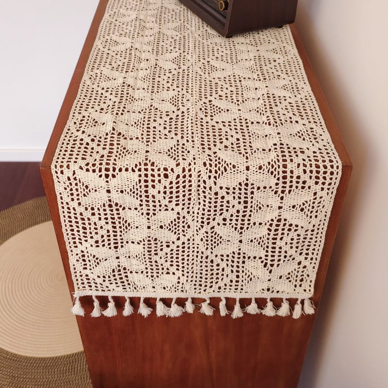 Дълга декоративна покривка за маса в американски стил с ажурна дантела от полиестерно‑памучен бленд, геометричен абстрактен модел