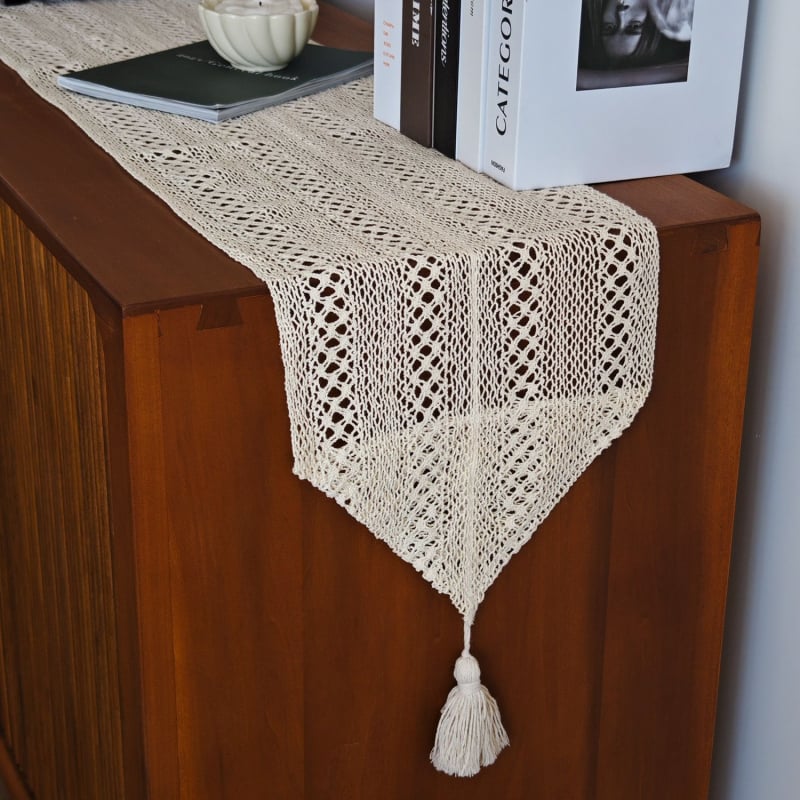 Дълга декоративна покривка за маса в американски стил с ажурна дантела от полиестерно‑памучен бленд, геометричен абстрактен модел