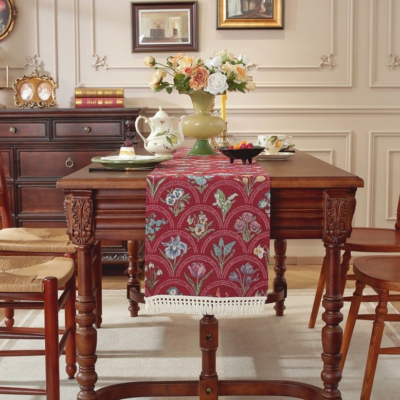 Пътека за маса с пискюли, жакардова райета, 80% полиестер / 20% памук, персонализирана