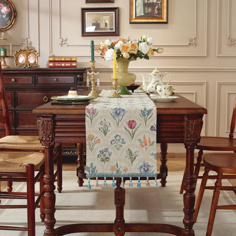 Пътека за маса с пискюли, жакардова райета, 80% полиестер / 20% памук, персонализирана