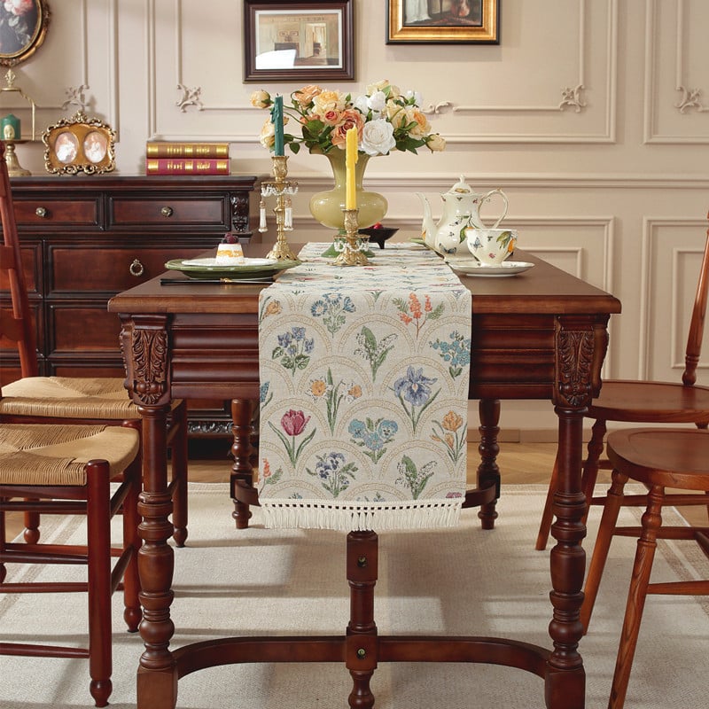 Пътека за маса с пискюли, жакардова райета, 80% полиестер / 20% памук, персонализирана