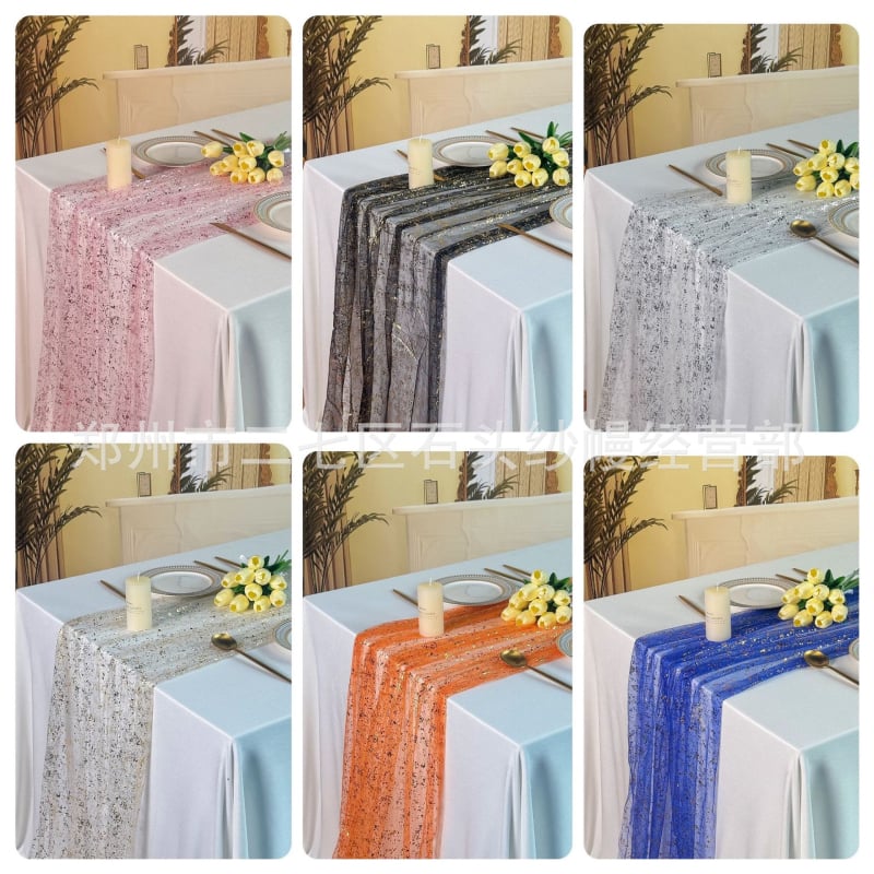 Декорация за маса за парти с шифонова тюл и пайети от метално фолио (материал: полиестерно влакно; съдържание на основния материал: 99%; стил: модерен минимализъм; категория: декорация за маса)