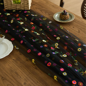 Флаг за маса с дантелена плисирана структура, флорална бродерия, 100% полиестер, марка Ymqy, модел: цветя/трева/листа, подходящ за хол, открити пространства, заведения и търговски обекти