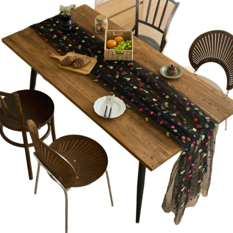 Флаг за маса с дантелена плисирана структура, флорална бродерия, 100% полиестер, марка Ymqy, модел: цветя/трева/листа, подходящ за хол, открити пространства, заведения и търговски обекти