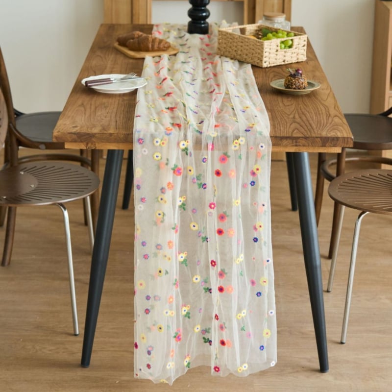 Флаг за маса с дантелена плисирана структура, флорална бродерия, 100% полиестер, марка Ymqy, модел: цветя/трева/листа, подходящ за хол, открити пространства, заведения и търговски обекти