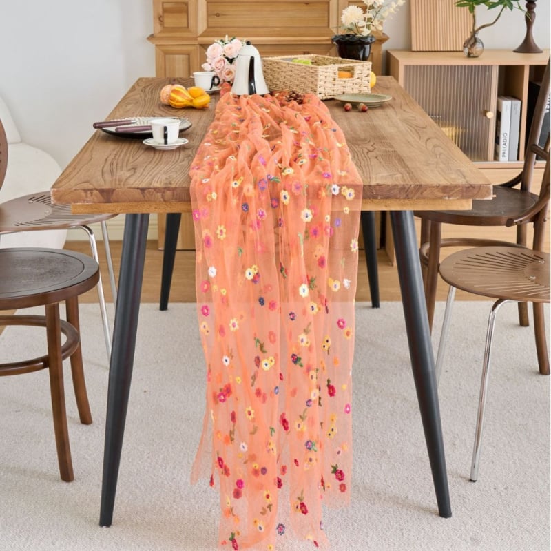 Флаг за маса с дантелена плисирана структура, флорална бродерия, 100% полиестер, марка Ymqy, модел: цветя/трева/листа, подходящ за хол, открити пространства, заведения и търговски обекти