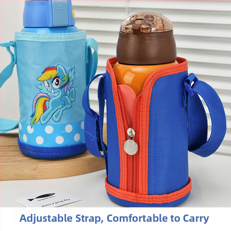 Detské izolačné puzdro na fľašu s ramenným popruhom, kreslený štýl (BT019, textilný materiál, logo tlačené)