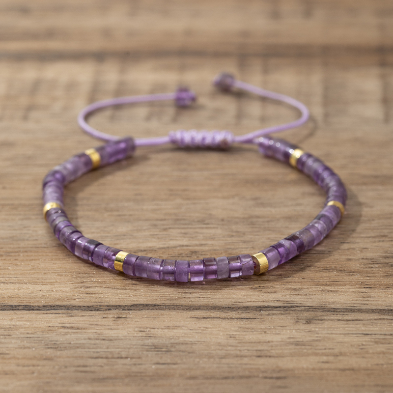 Brățară pentru femei din mărgele de cristal de ametist, țesută manual, reglabilă, stil natural