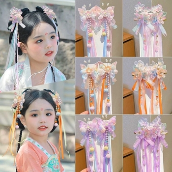 Bērnu matu sprādze senlaicīgā stilā ar pūciņu un ziedu – roku darbs, klips, izšūta tauriņa, Princeses sērija