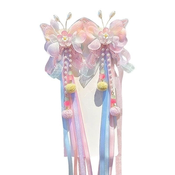 Bērnu matu sprādze senlaicīgā stilā ar pūciņu un ziedu – roku darbs, klips, izšūta tauriņa, Princeses sērija