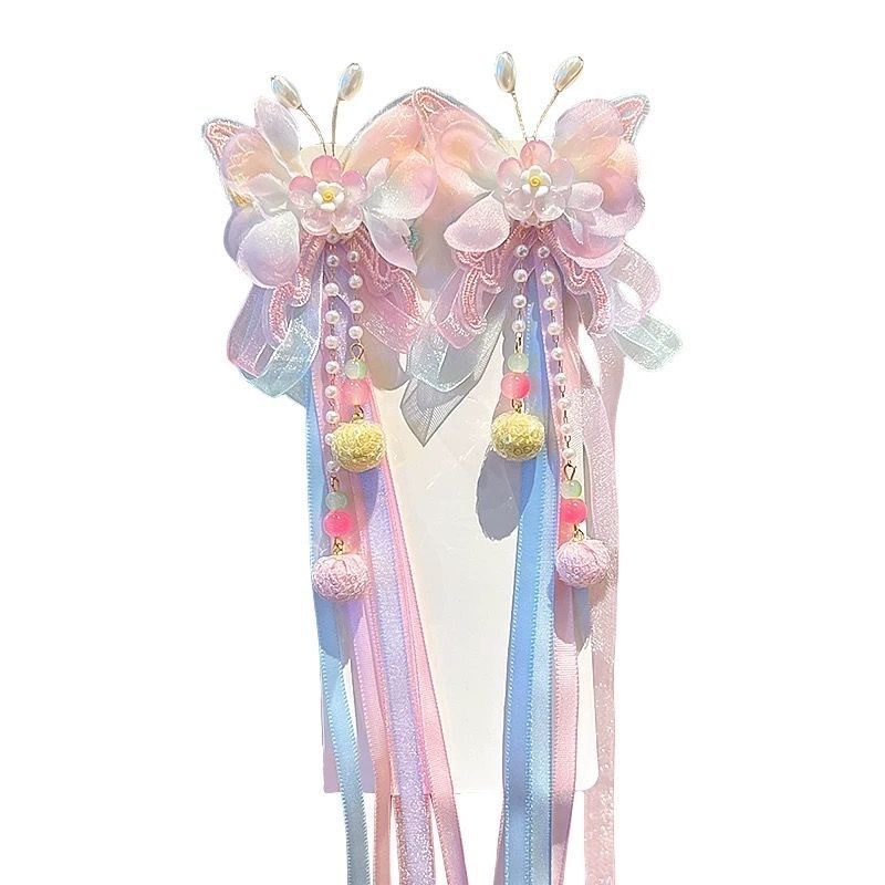 Bērnu matu sprādze senlaicīgā stilā ar pūciņu un ziedu – roku darbs, klips, izšūta tauriņa, Princeses sērija