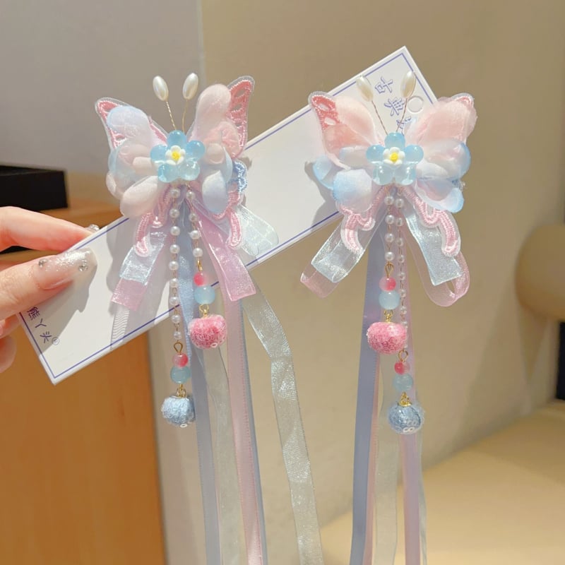 Bērnu matu sprādze senlaicīgā stilā ar pūciņu un ziedu – roku darbs, klips, izšūta tauriņa, Princeses sērija