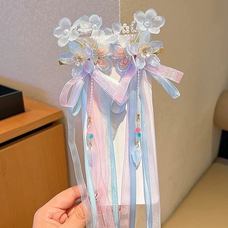 Bērnu matu sprādze senlaicīgā stilā ar pūciņu un ziedu – roku darbs, klips, izšūta tauriņa, Princeses sērija