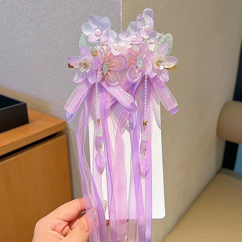 Bērnu matu sprādze senlaicīgā stilā ar pūciņu un ziedu – roku darbs, klips, izšūta tauriņa, Princeses sērija