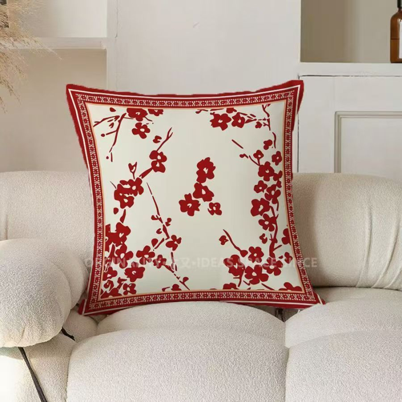 Husă de pernă din material pluș cu imprimare digitală a motivelor plante și flori, stil chinezesc nou, personalizabil