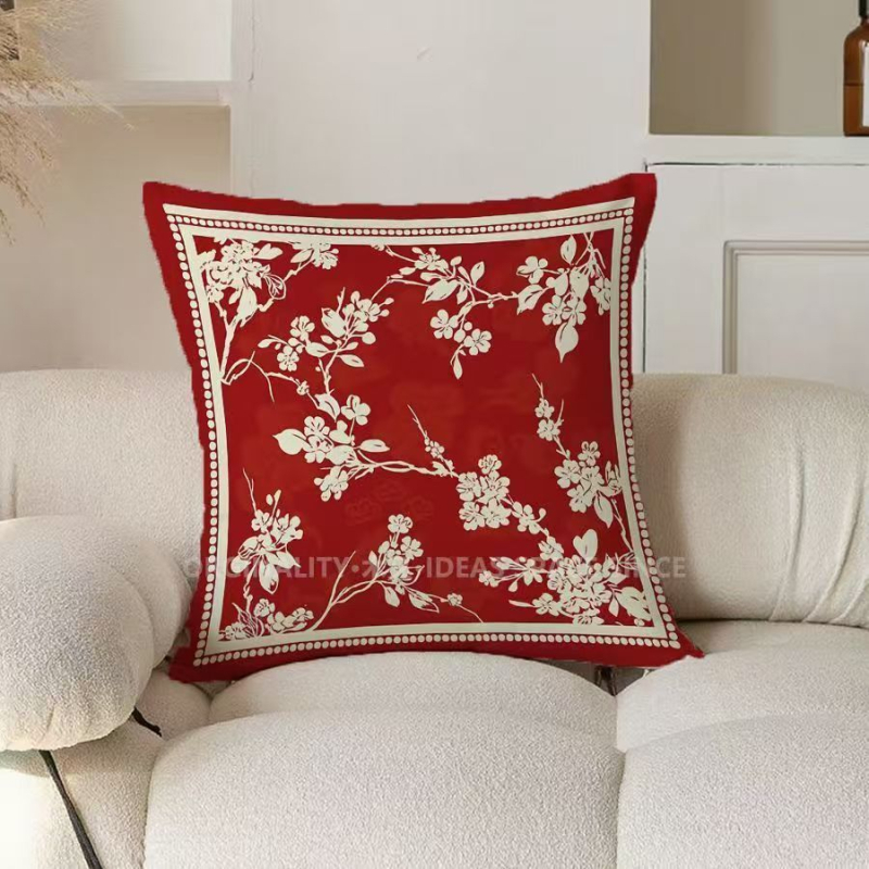 Husă de pernă din material pluș cu imprimare digitală a motivelor plante și flori, stil chinezesc nou, personalizabil