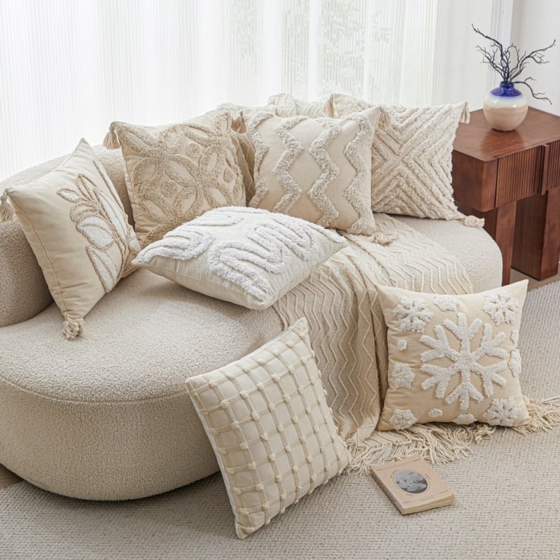 Husă de pernă cu broderie geometrică, poliester-cotton, stil nordic