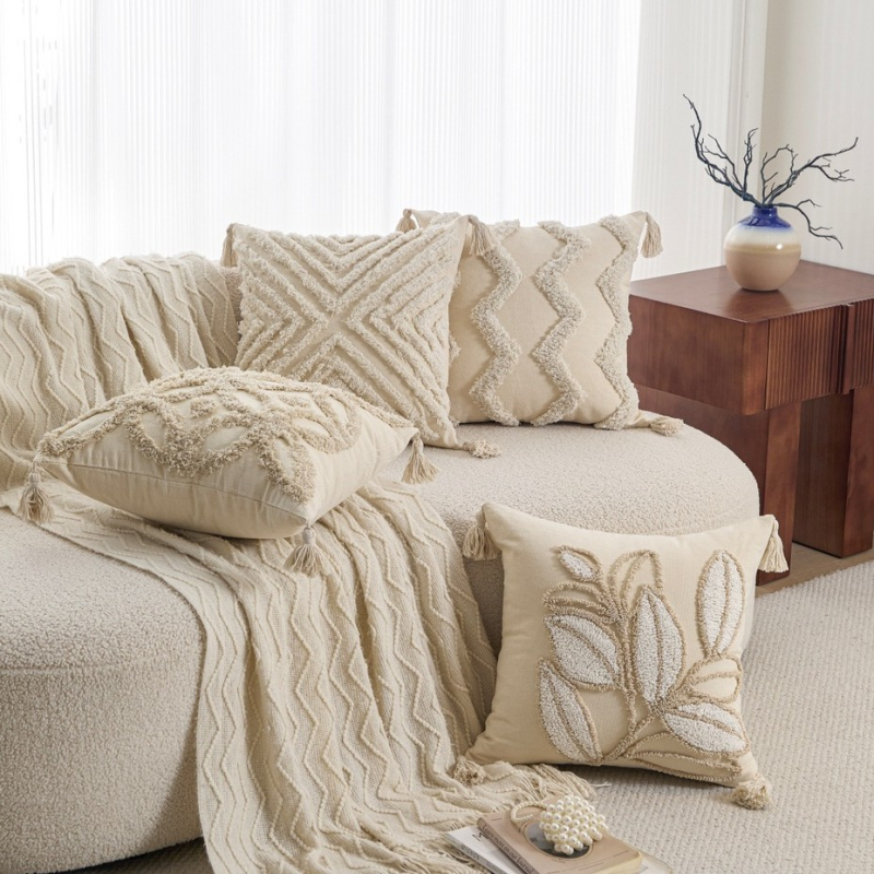 Husă de pernă cu broderie geometrică, poliester-cotton, stil nordic