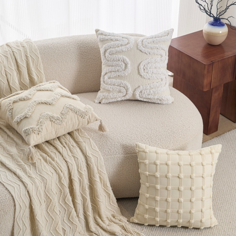 Husă de pernă cu broderie geometrică, poliester-cotton, stil nordic