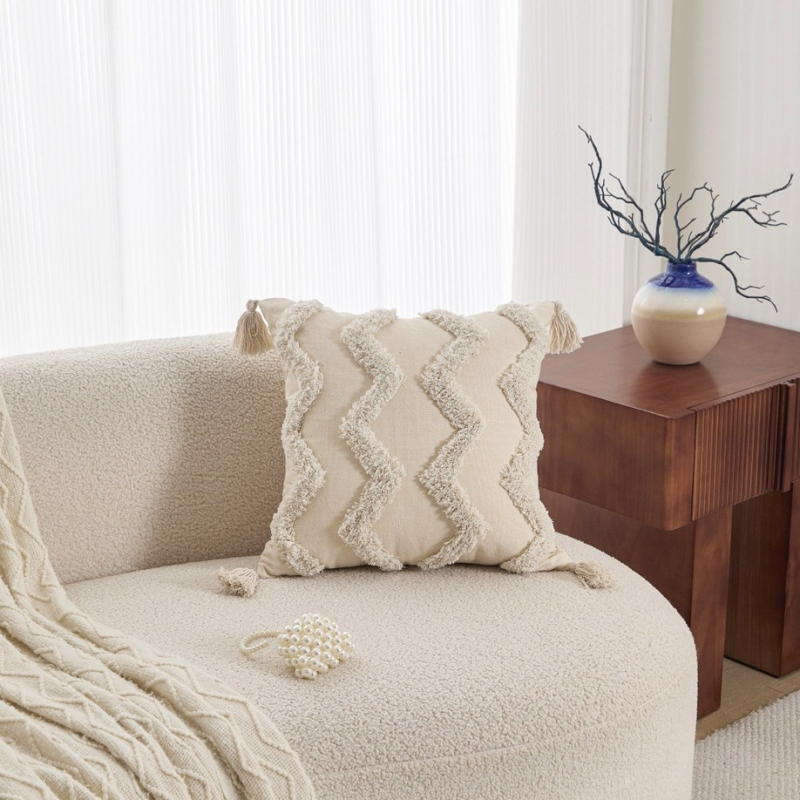 Husă de pernă cu broderie geometrică, poliester-cotton, stil nordic