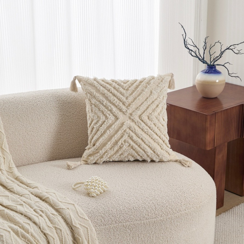 Husă de pernă cu broderie geometrică, poliester-cotton, stil nordic