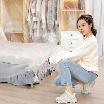 Еднократна прахоустойчива филмова защита за мебели за дневна стая – полиетиленова покривна обвивка за диван, нощно шкафче и шкаф – прост и модерен стил