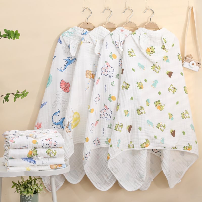 Βρεφική κουκούλα μπάνιου, τετράστρωνο σερσακούρ βαμβακερή γάζα, 150D, βάρος υφάσματος 200–300 g, επεξεργασία: ράψιμο, εκτύπωση, γάντζος