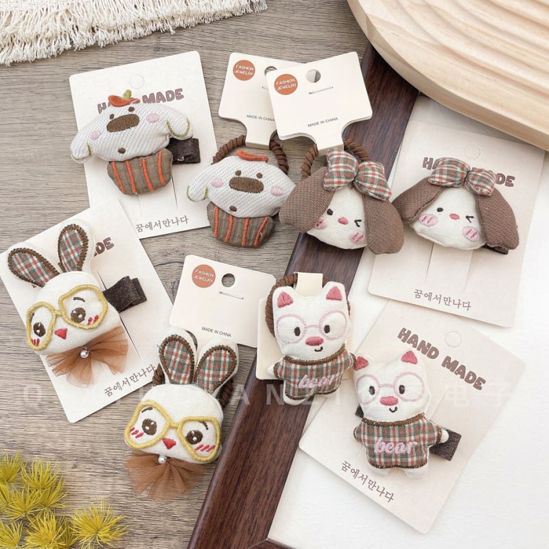 Σετ αξεσουάρ μαλλιών για παιδιά – Χειροποίητες υφασμάτινες κορδέλες με ζωικά μοτίβα (σκύλος και κουνέλι), στυλ δάσους