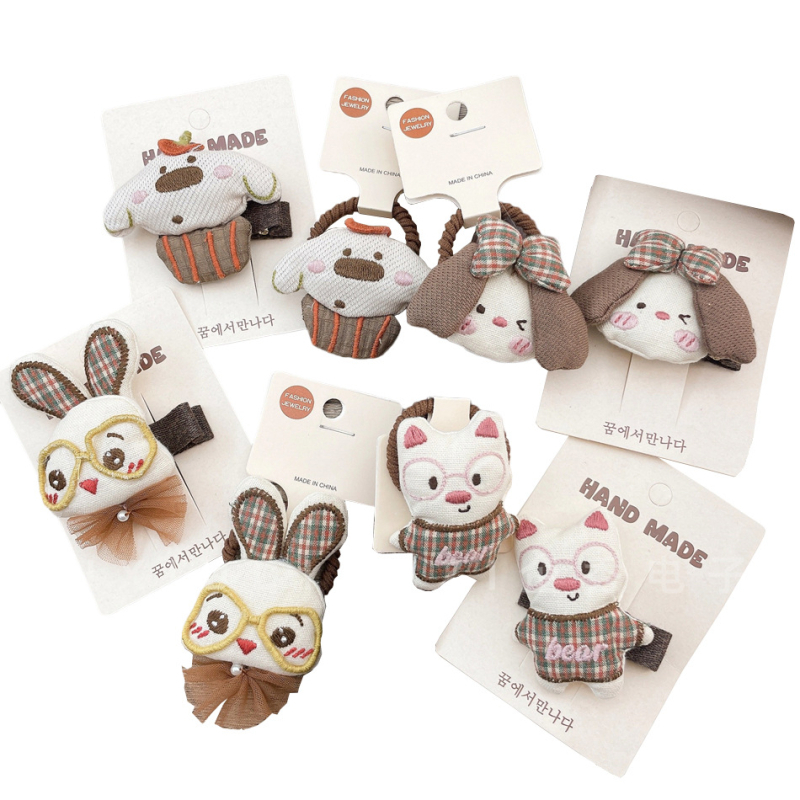 Σετ αξεσουάρ μαλλιών για παιδιά – Χειροποίητες υφασμάτινες κορδέλες με ζωικά μοτίβα (σκύλος και κουνέλι), στυλ δάσους