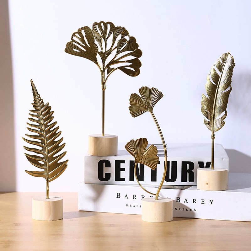 Lapu formas skulptūra ar koka pamatu, dzelzs mākslas elements, gaišs luksusa stils, biroja un mājas dekorācijai.