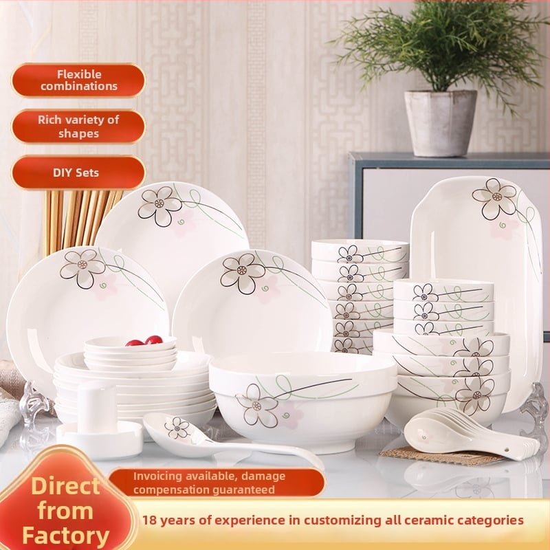 Keraminis stalo servizo rinkinys: ryžių dubenėliai, sriubos dubenėliai ir lėkštės; kaulinis porcelianas (>36% kaulo); gėlių raštas; dažyta glazūra; tinkamas mikrobangų krosnelėms.