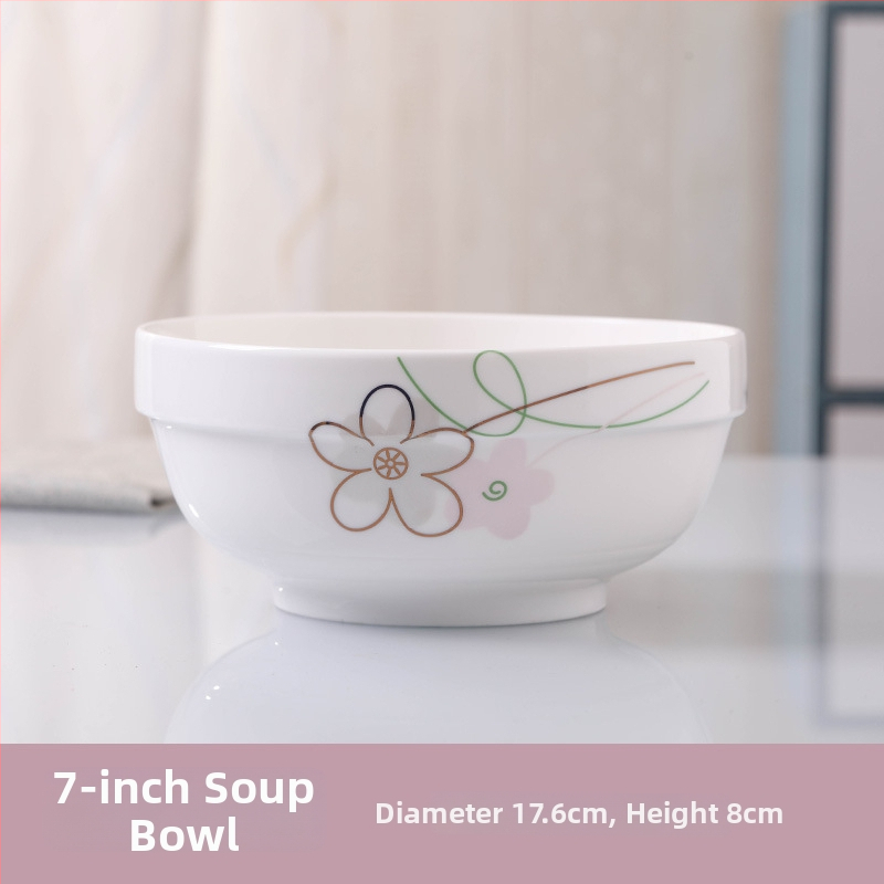 Keraminis stalo servizo rinkinys: ryžių dubenėliai, sriubos dubenėliai ir lėkštės; kaulinis porcelianas (>36% kaulo); gėlių raštas; dažyta glazūra; tinkamas mikrobangų krosnelėms.