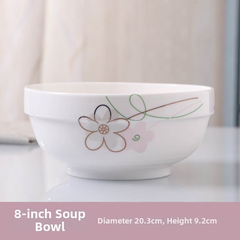 Keraminis stalo servizo rinkinys: ryžių dubenėliai, sriubos dubenėliai ir lėkštės; kaulinis porcelianas (>36% kaulo); gėlių raštas; dažyta glazūra; tinkamas mikrobangų krosnelėms.